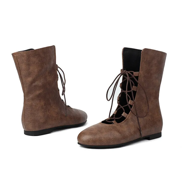Women's Lace-Up Round Toe Mid Calf Flat Boots