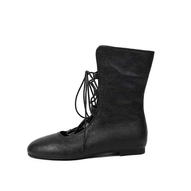Women's Lace-Up Round Toe Mid Calf Flat Boots