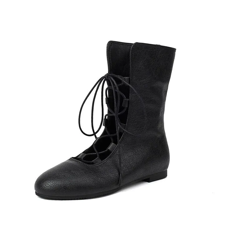 Women's Lace-Up Round Toe Mid Calf Flat Boots