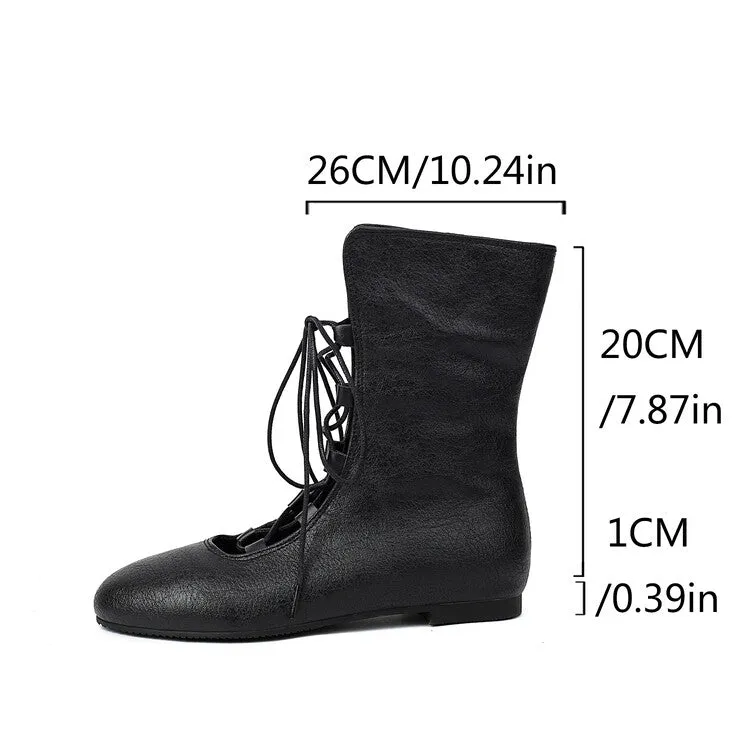 Women's Lace-Up Round Toe Mid Calf Flat Boots