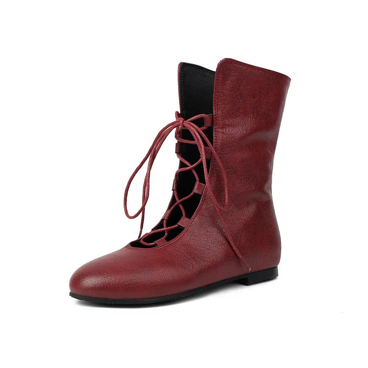 Women's Lace-Up Round Toe Mid Calf Flat Boots