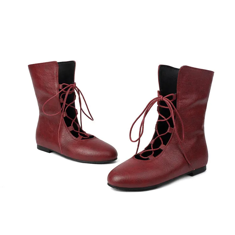 Women's Lace-Up Round Toe Mid Calf Flat Boots