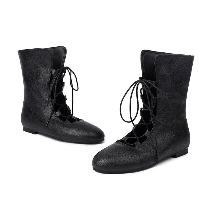 Women's Lace-Up Round Toe Mid Calf Flat Boots