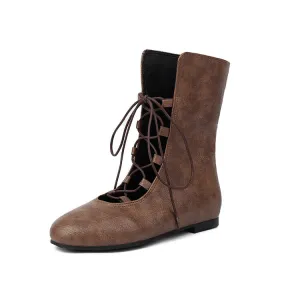 Women's Lace-Up Round Toe Mid Calf Flat Boots