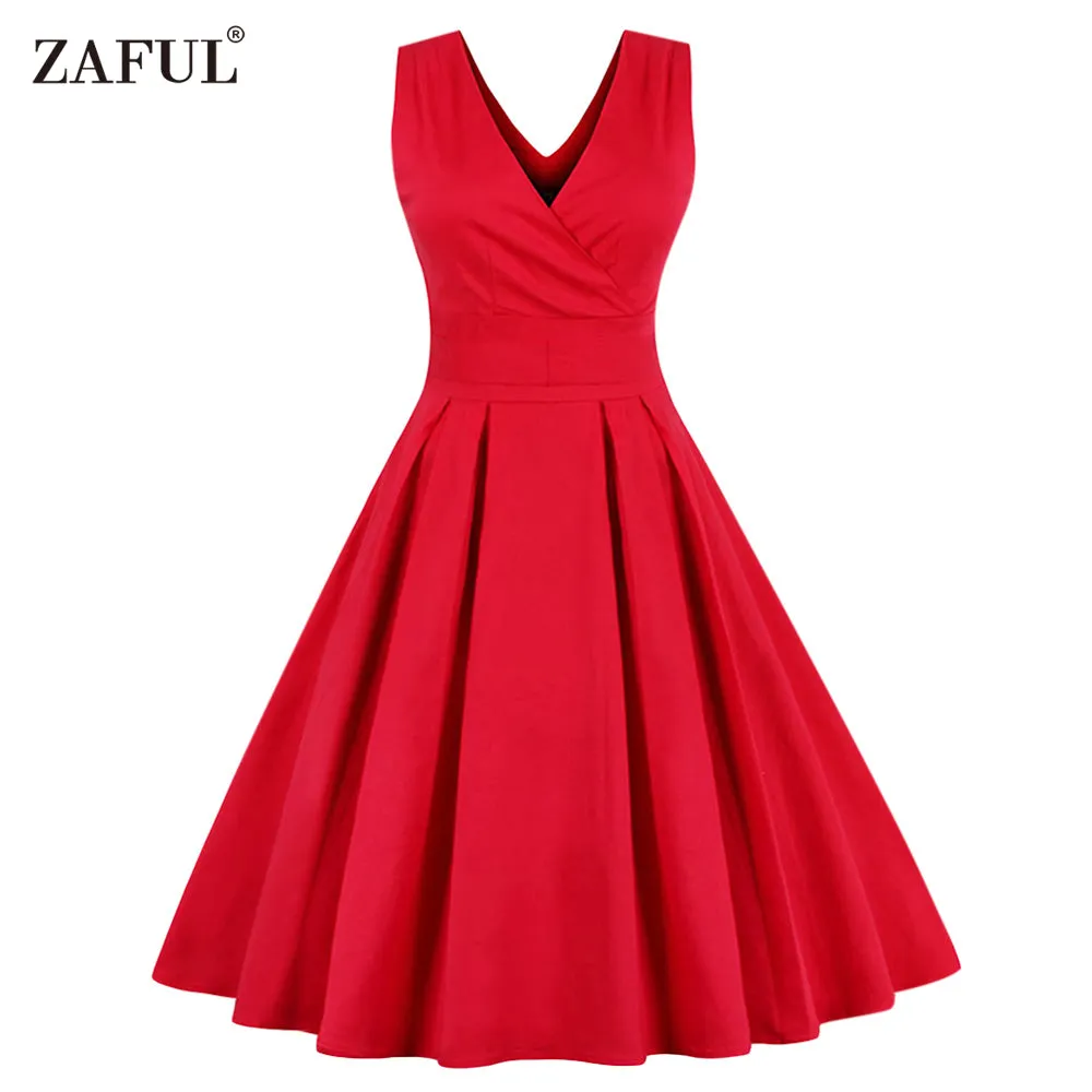 ZAFUL Women Sleeveless Vintage Summer Dress 50s 60s Swing Retro Swing Plus Size M~4XL Cotton Party bowknots Feminino Vestidos