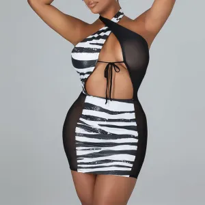 Zebra Pattern Halter Sleeveless Sheer Mesh Bodycon Dress